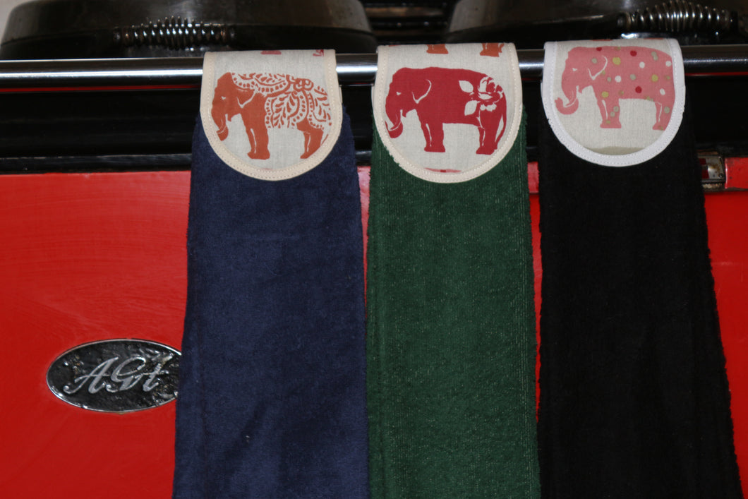 Hang ups, Kitchen towels, Spice Elephants on Navy Blue, Green or Black Towel